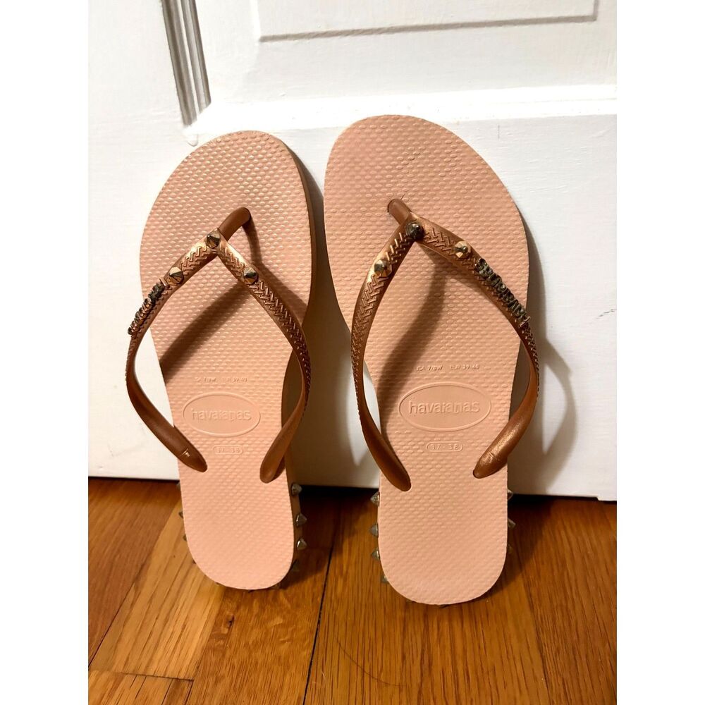 Havaianas Women’s 7/8 Rose Gold Studded Rhinestone Flip Flops Sandals 37/38
